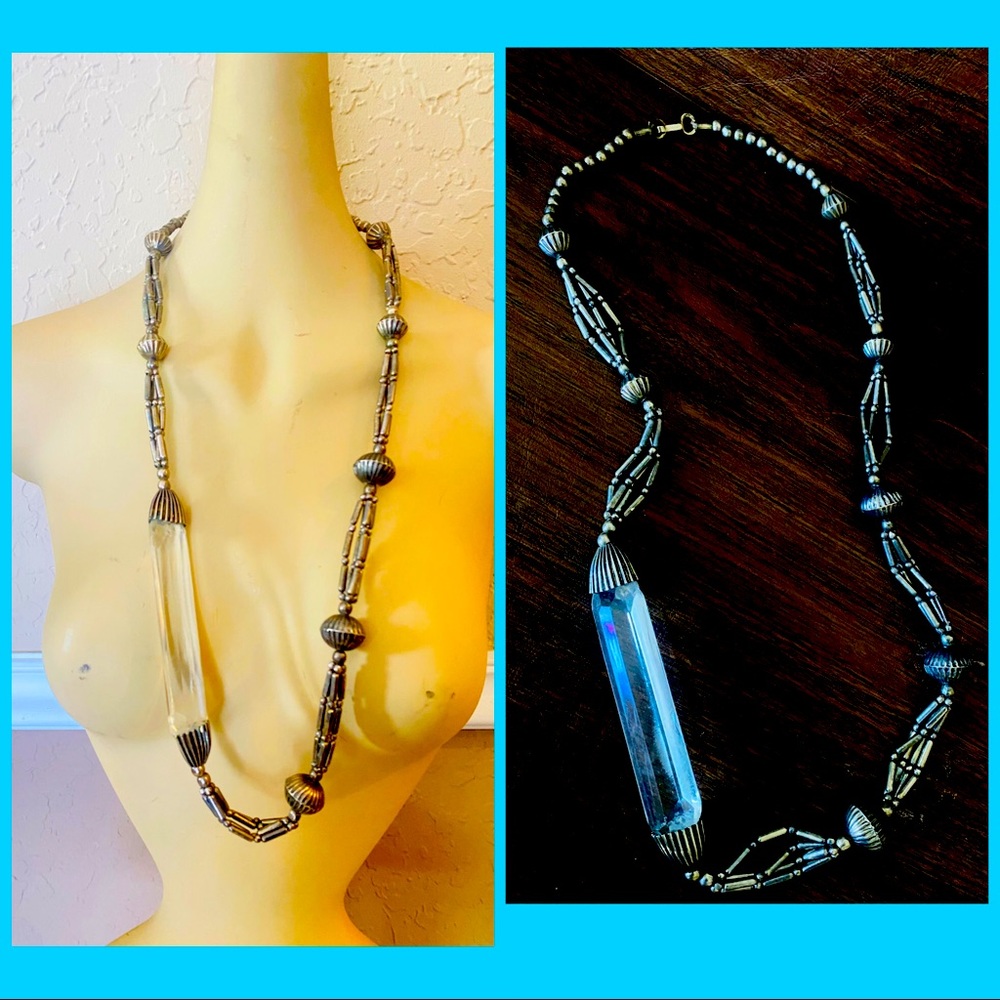 Vintage Big Crystal silver Chain Long Necklace